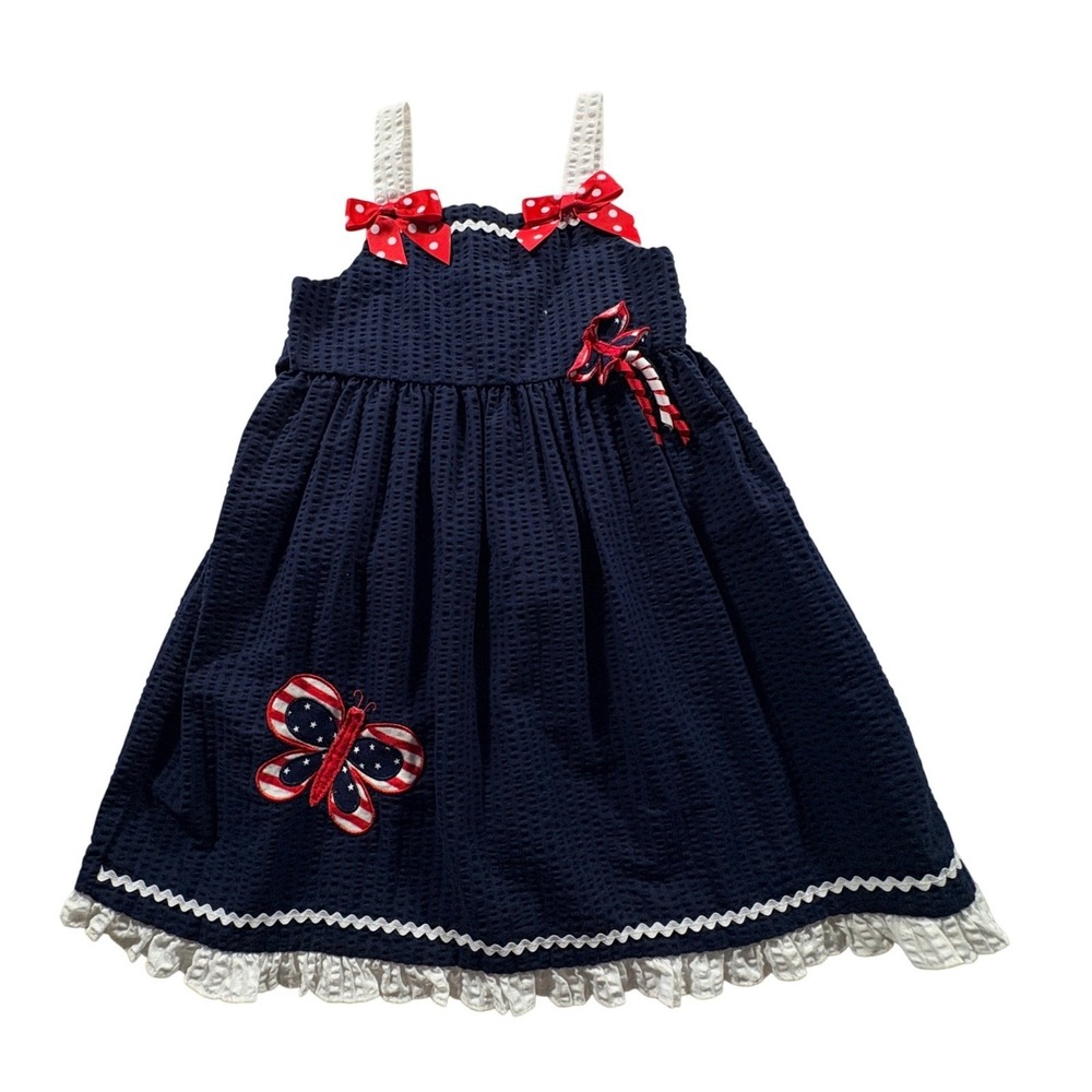 Sophie Rose Seersucker Butterfly Dress Girls Size 6 Navy Blue Patriotic Summer